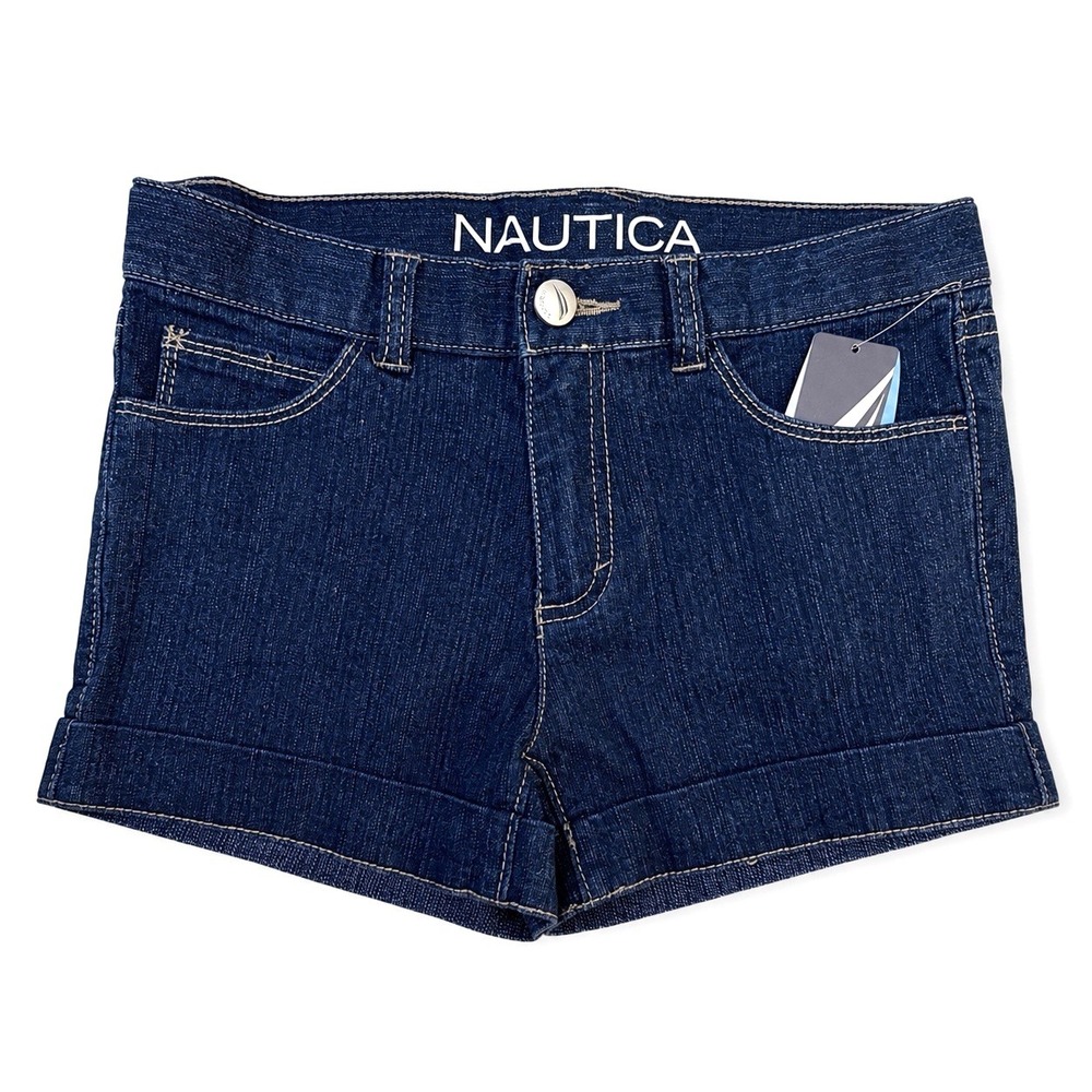 Nautica Girls Denim Shorts Size 10 Dark Indigo Cuffed Stretch Coastal Prep NWT